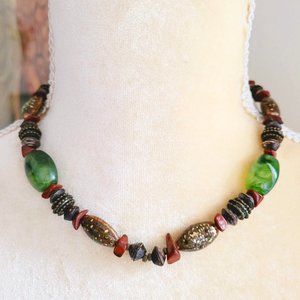 Chico's Green Swirl Glass Brown Gold Speckled Beaded Collar Boho Necklace